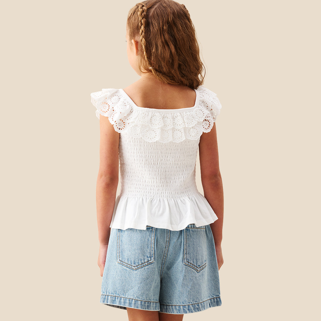 Charlie Broderie Frill Shirred Vest Top - Angel & Rocket
