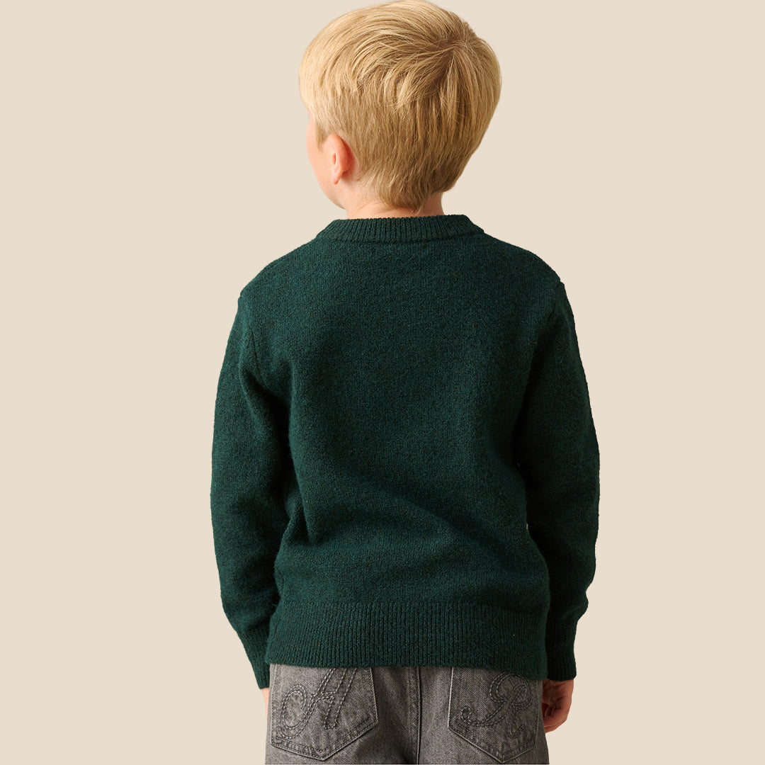 A young boy with blond hair wearing a dark green knit sweater featuring a large white polar bear graphic with ski goggles and a blue striped scarf, set against a solid beige background.