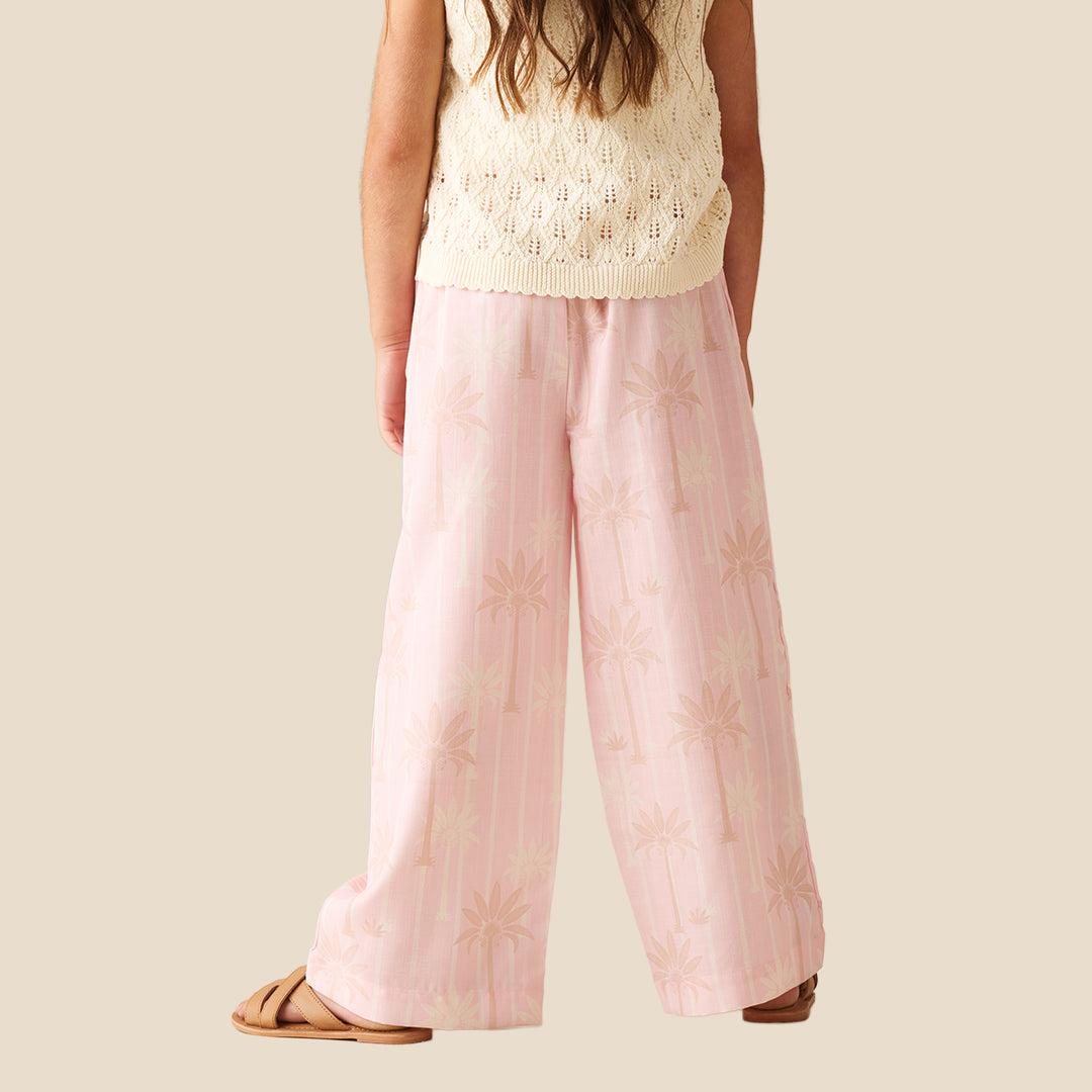 Sarah Pink Palm Print Tie Waist Trousers - Angel & Rocket