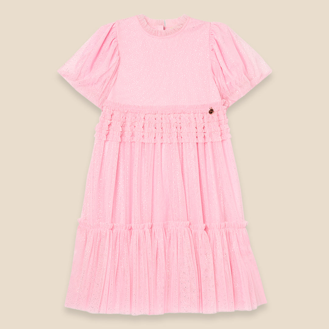 Madison Puff Sleeve Ruffle Waist Mesh Dress