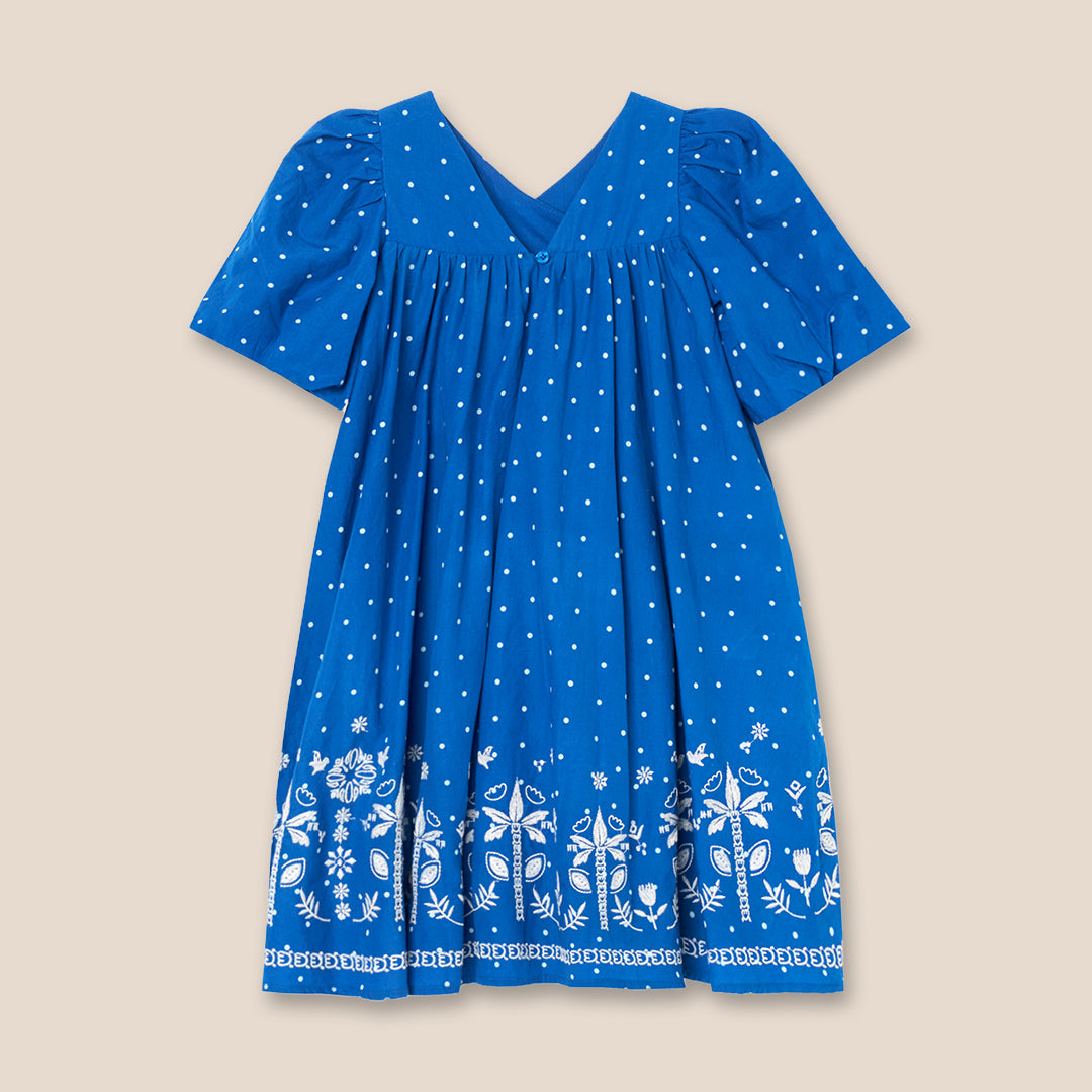 Josie Palm Embroidered Swing Dress - Blue