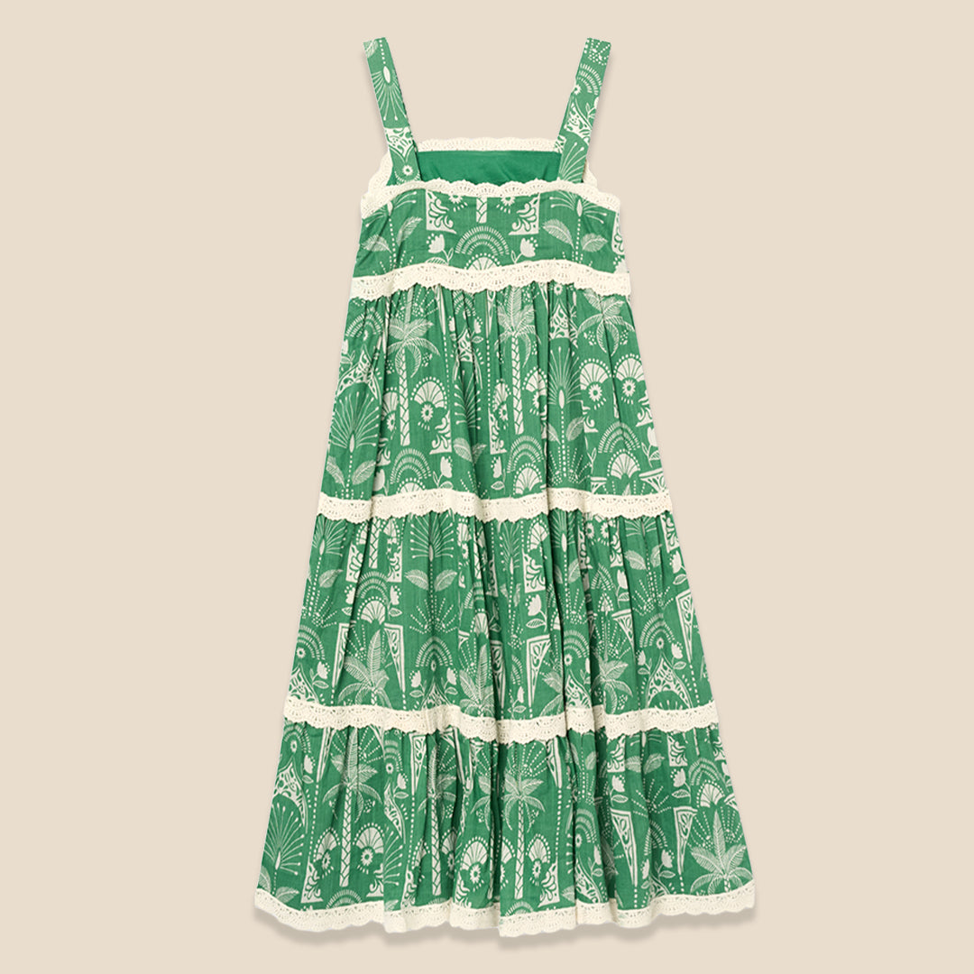 Kinsley Palm Print Lace Trim Tiered Dress - Angel & Rocket