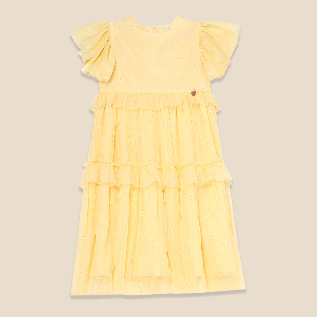 Luisa Embroidered Yellow  Mesh Dress