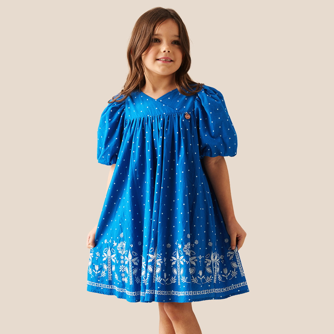 Josie Palm Embroidered Swing Dress - Blue