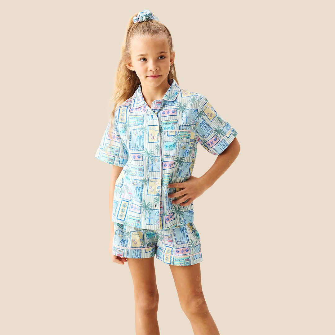 Petra Multi Postcard Print Shirt & Short PJs - Angel & Rocket