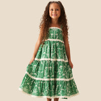 Kinsley Palm Print Lace Trim Tiered Dress