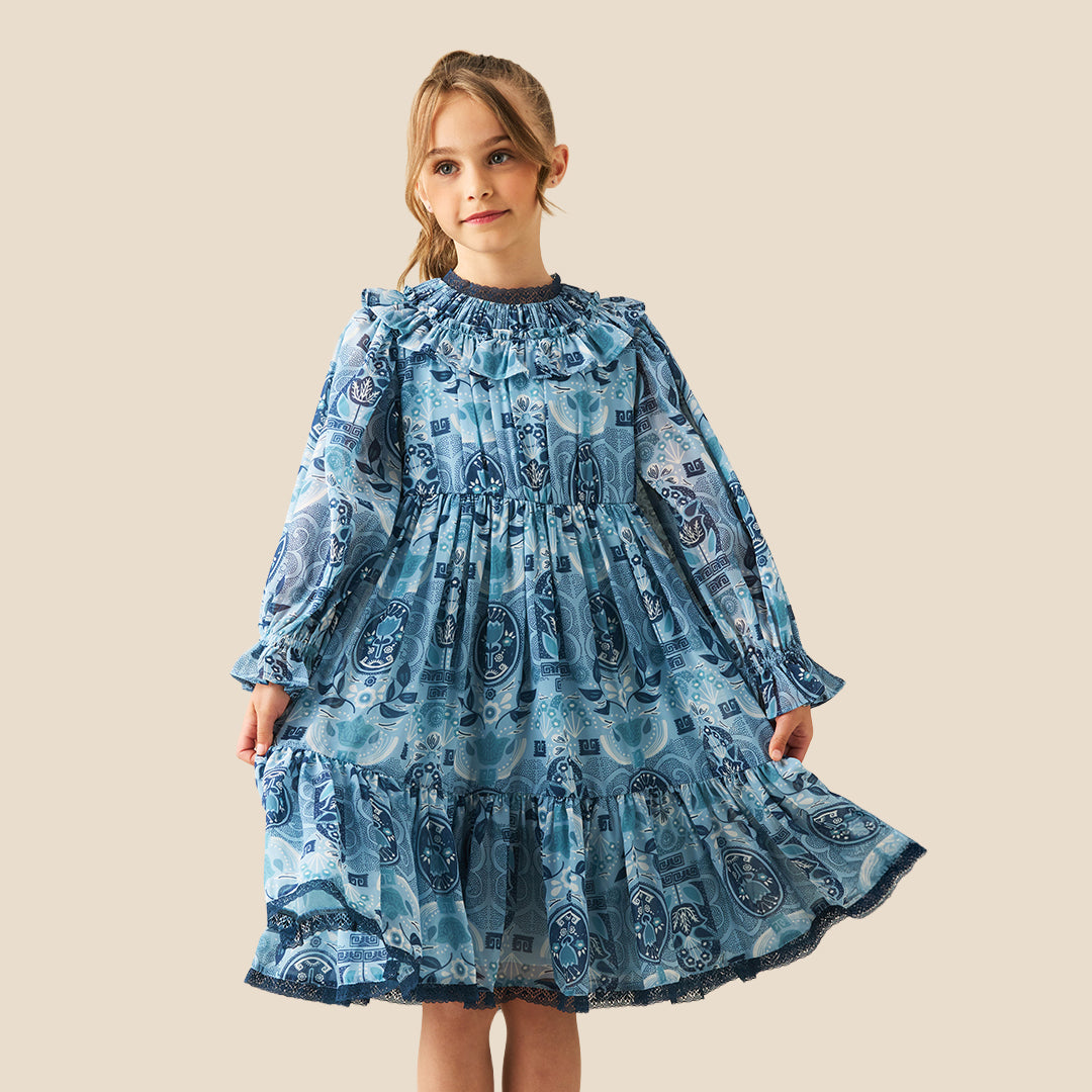 Girls PRINTED Blue Dresses - Angel & Rocket