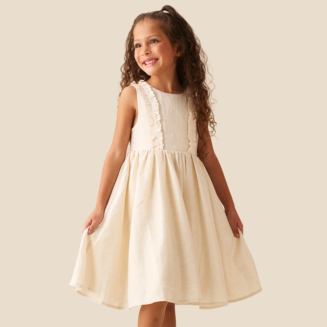 Ava Metallic Shimmer Linen Lace Trim Dress