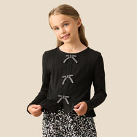 Rona Black Peplum Long Sleeve Bow Top