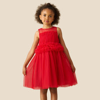 Kaitlyn Red Ruffle Waist Mesh Dress