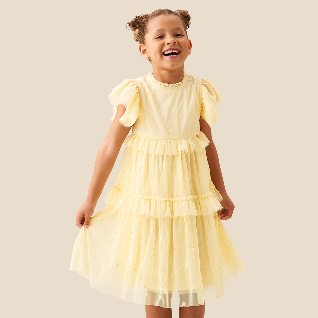 Luisa Embroidered Yellow  Mesh Dress