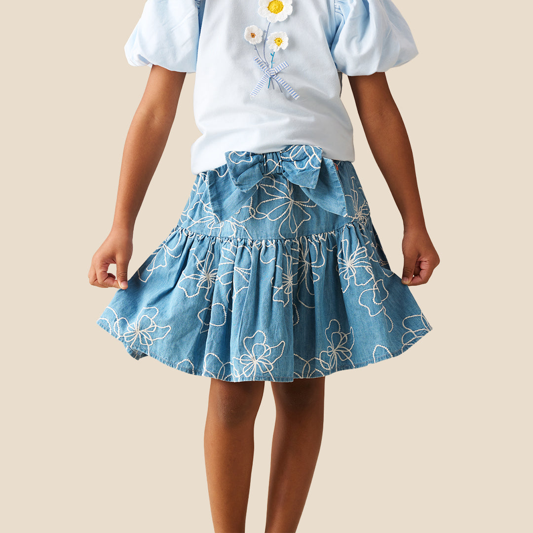 Maya Embroidered Denim Bow Skirt