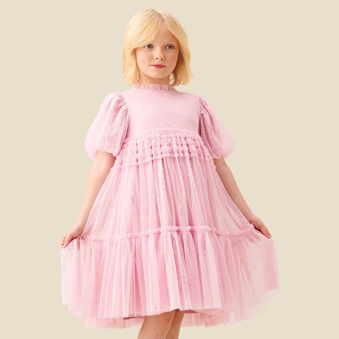 Madison Puff Sleeve Ruffle Waist Mesh Dress