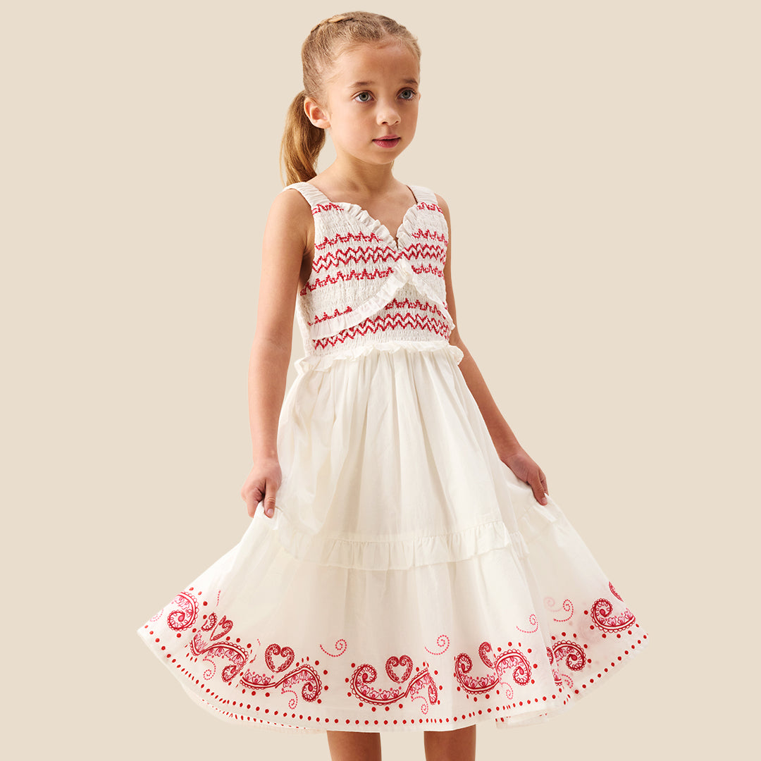 Girls Emboridered Smart Dress Cream