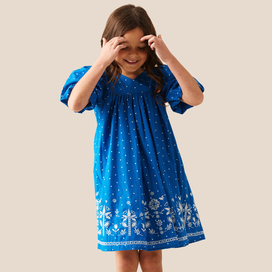Josie Palm Embroidered Swing Dress - Blue