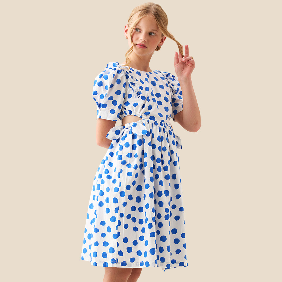 Amara Blue Puff Sleeve Spot Dress