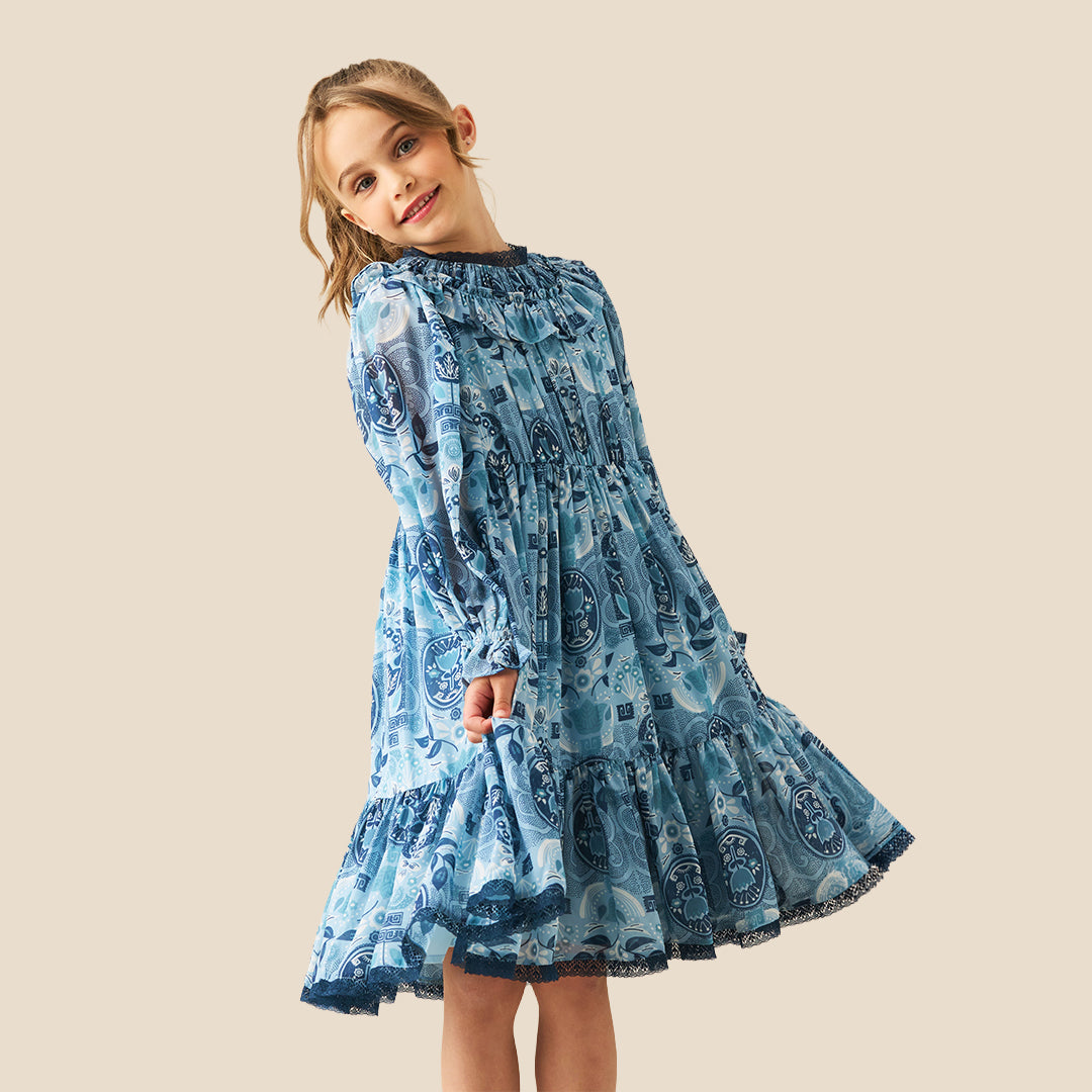 Girls PRINTED Blue Dresses - Angel & Rocket