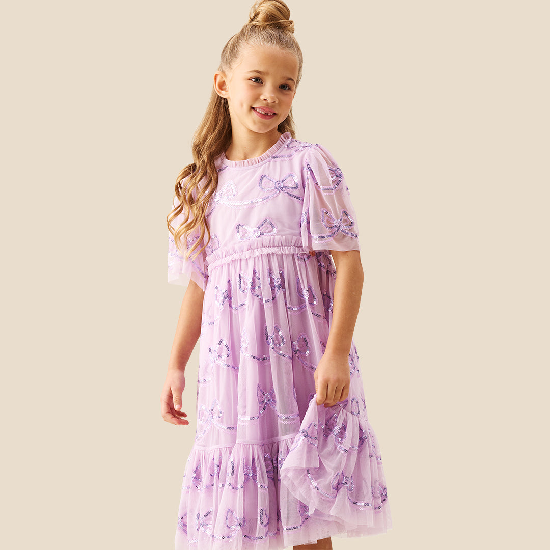 Delta Purple Bow Sequin Mesh Dress - Angel & Rocket