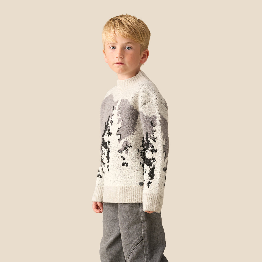 A young boy with blonde hair wearing a knit mock-neck sweater with a gray and black tree pattern, standing against a solid beige background.