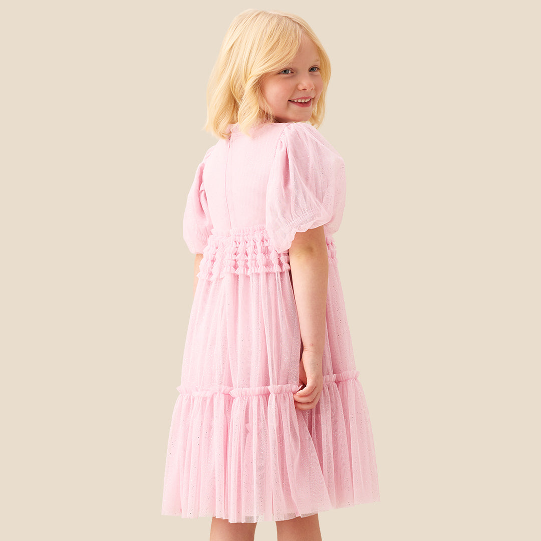Madison Puff Sleeve Ruffle Waist Mesh Dress