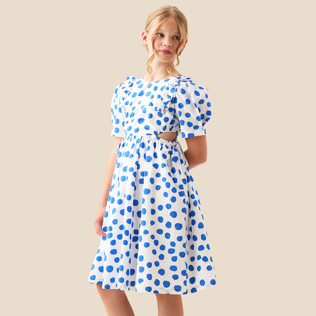 Amara Blue Puff Sleeve Spot Dress