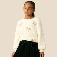 Laila Cream Embellished Bow Eyelash Jumper