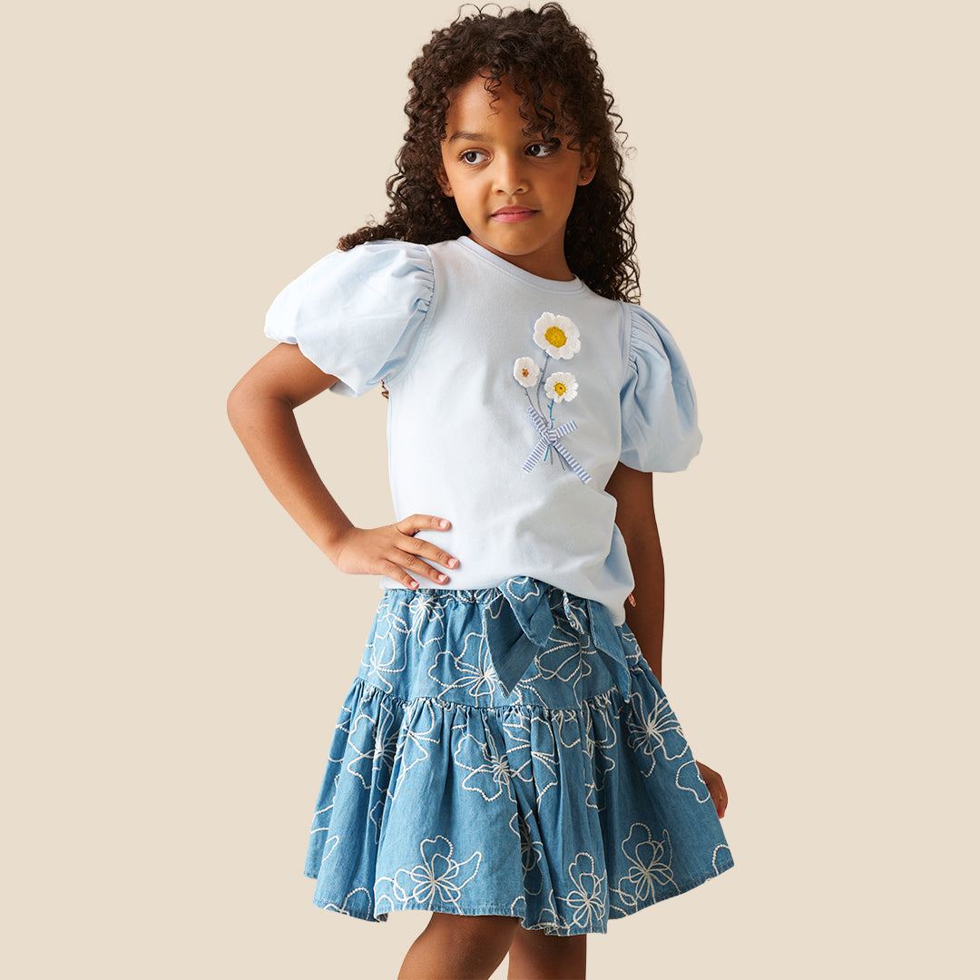 Maya Embroidered Denim Bow Skirt