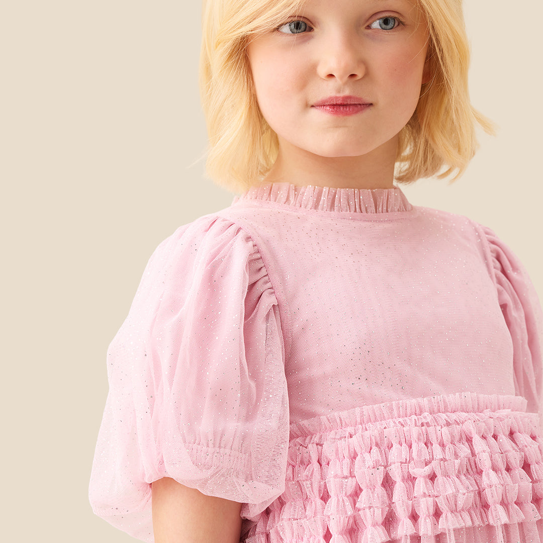 Madison Puff Sleeve Ruffle Waist Mesh Dress