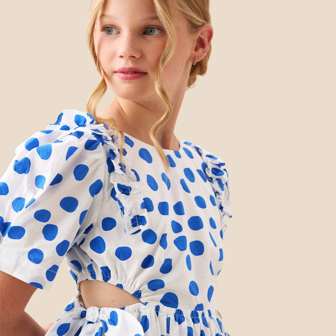 Amara Blue Puff Sleeve Spot Dress