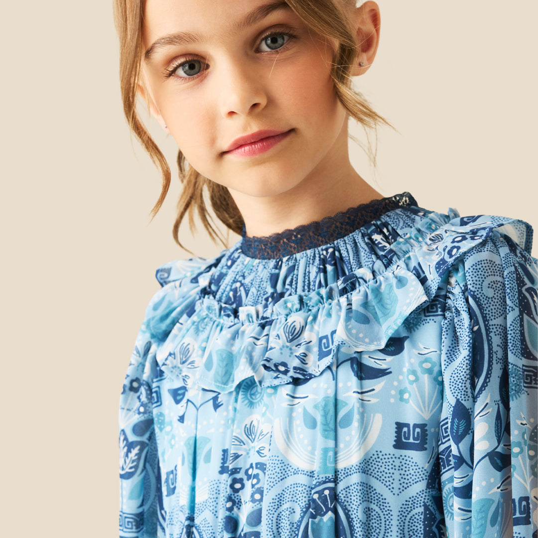 Girls PRINTED Blue Dresses - Angel & Rocket