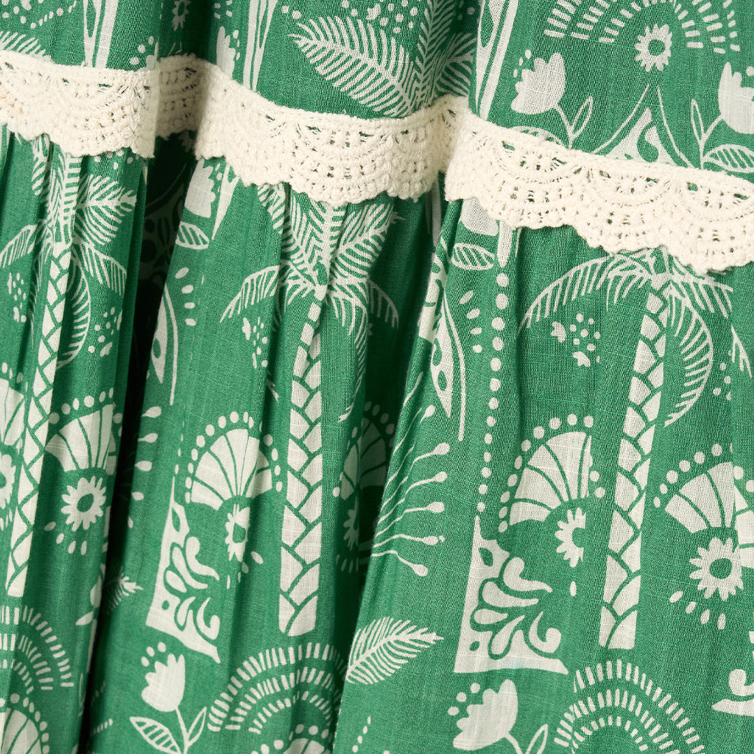 Kinsley Palm Print Lace Trim Tiered Dress - Angel & Rocket