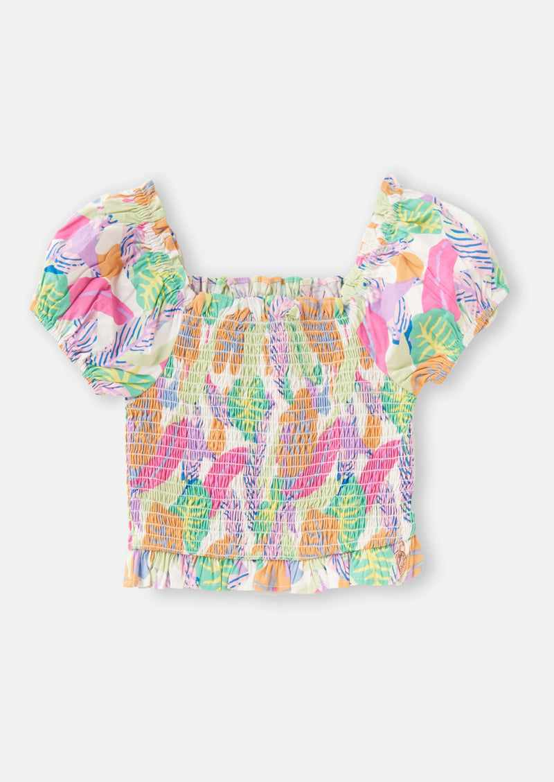 Girls Tropical Leaf Printed Cotton Top with Puff Sleeves