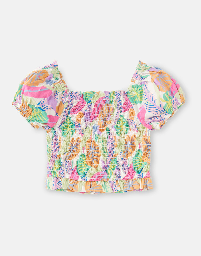Girls Tropical Leaf Printed Cotton Top with Puff Sleeves