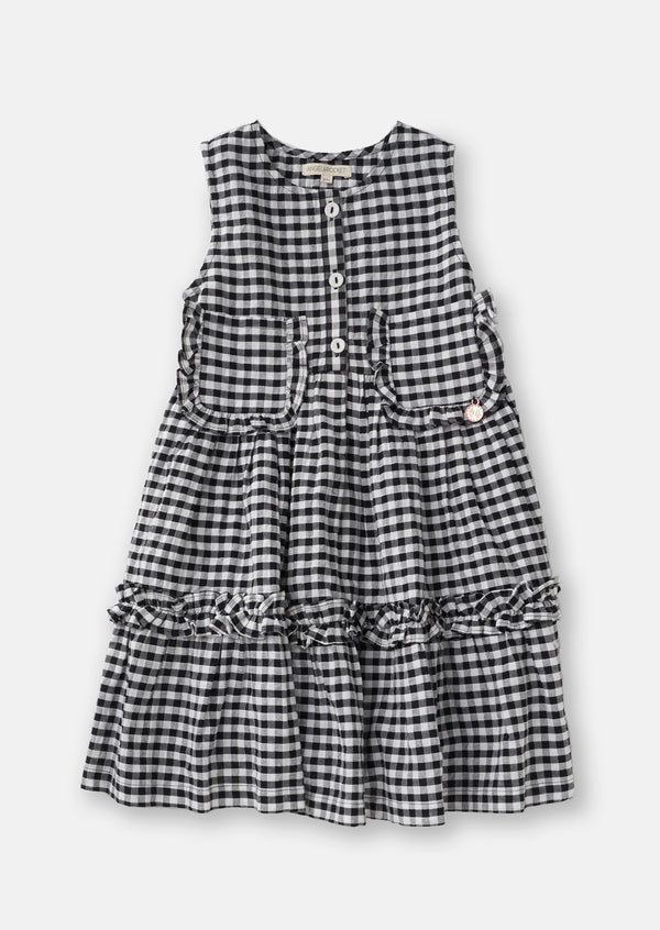 Girls Black and White Checked Dress with Pocket