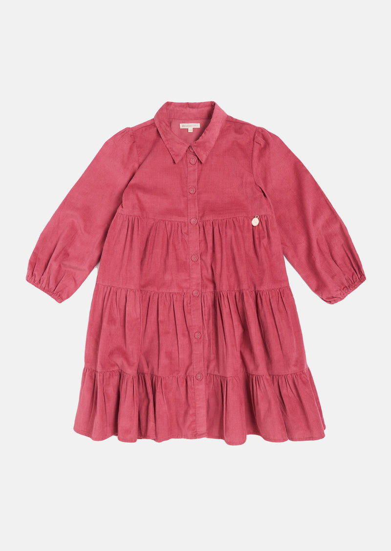 Girls Solid Pink Tiered Shirt Dress