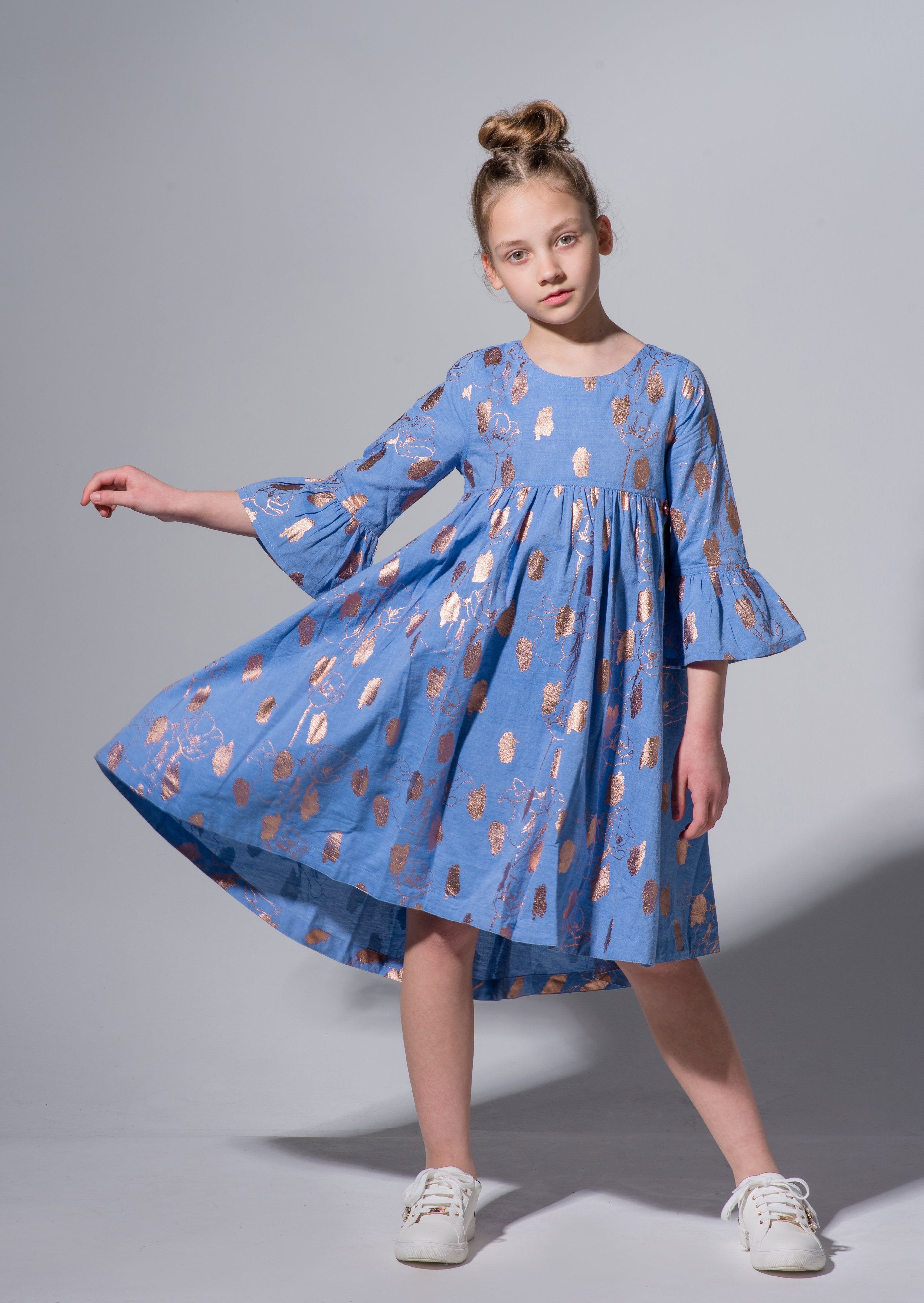 Girls Blue Foil Printed Dress