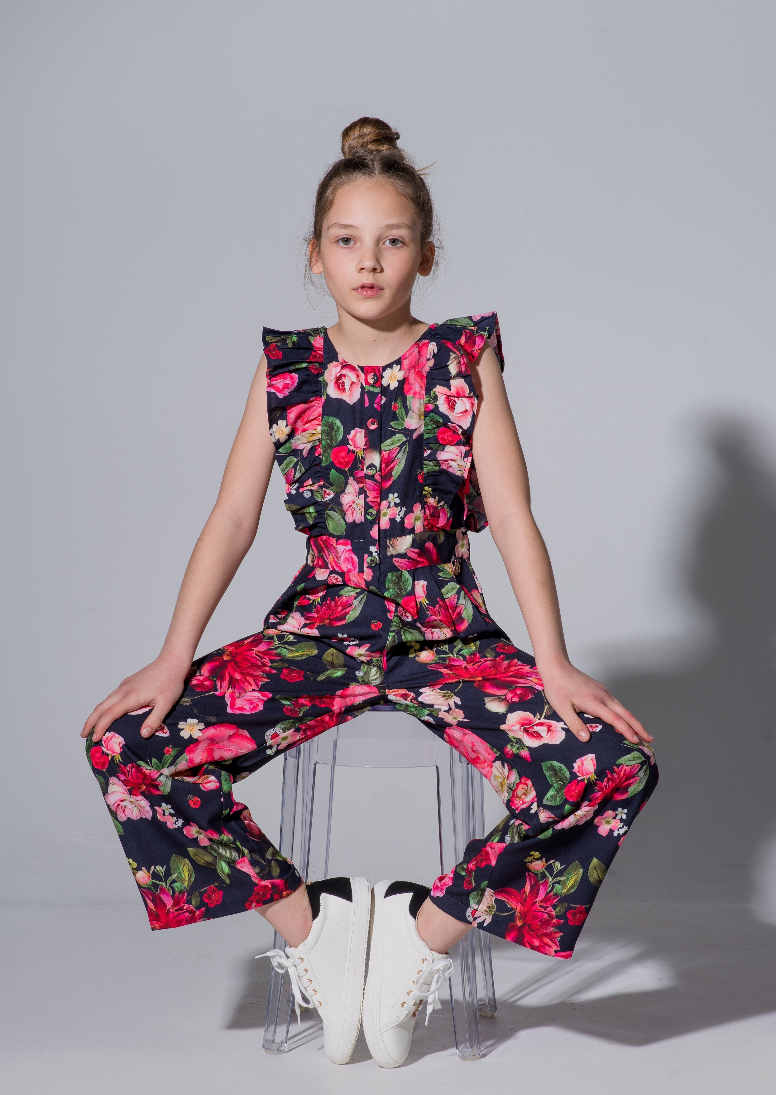 Girls Floral Printed Jumpsuit with Butterfly Sleeves