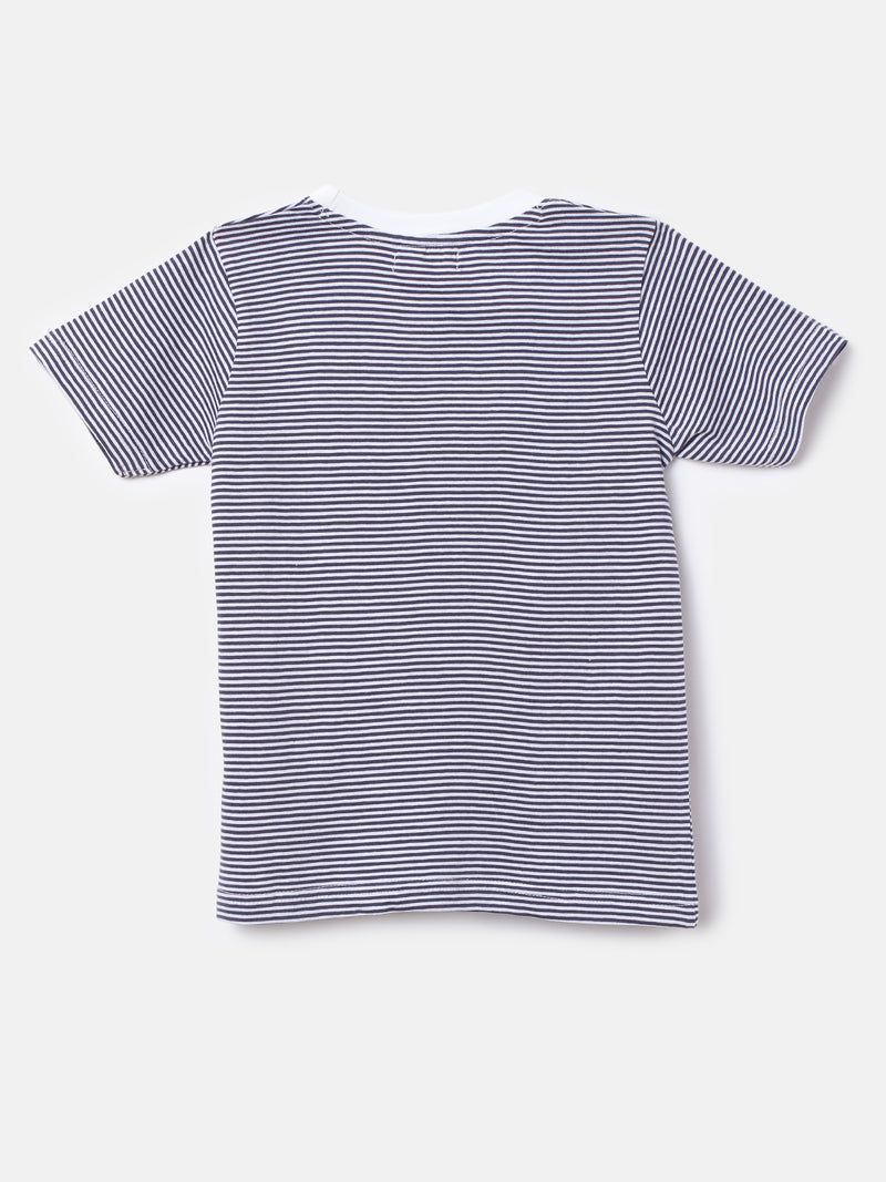 Boys Striped Cotton Navy Round Neck T-Shirt