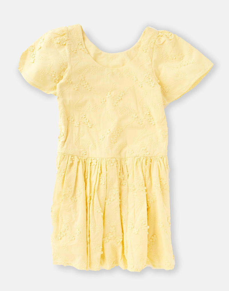 Girls Floral Embroidered Cotton Yellow Dress