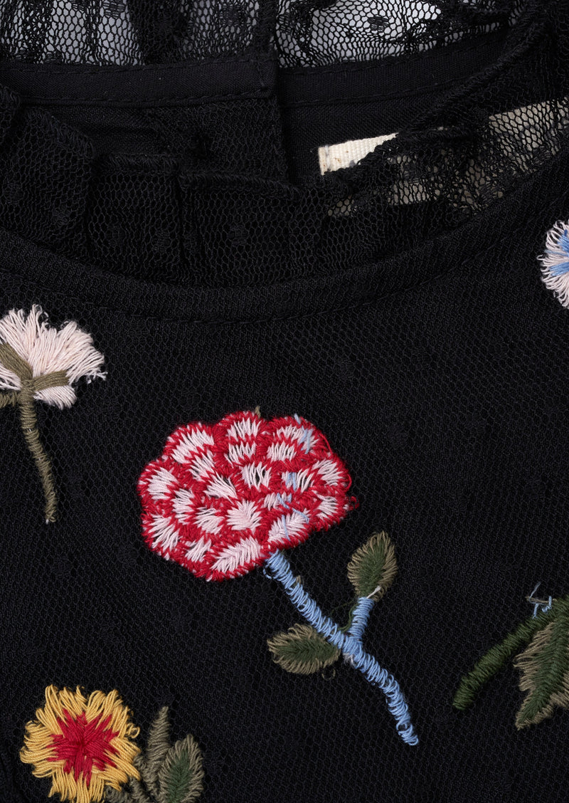 Girls Floral Embroidered Black Mesh Dress