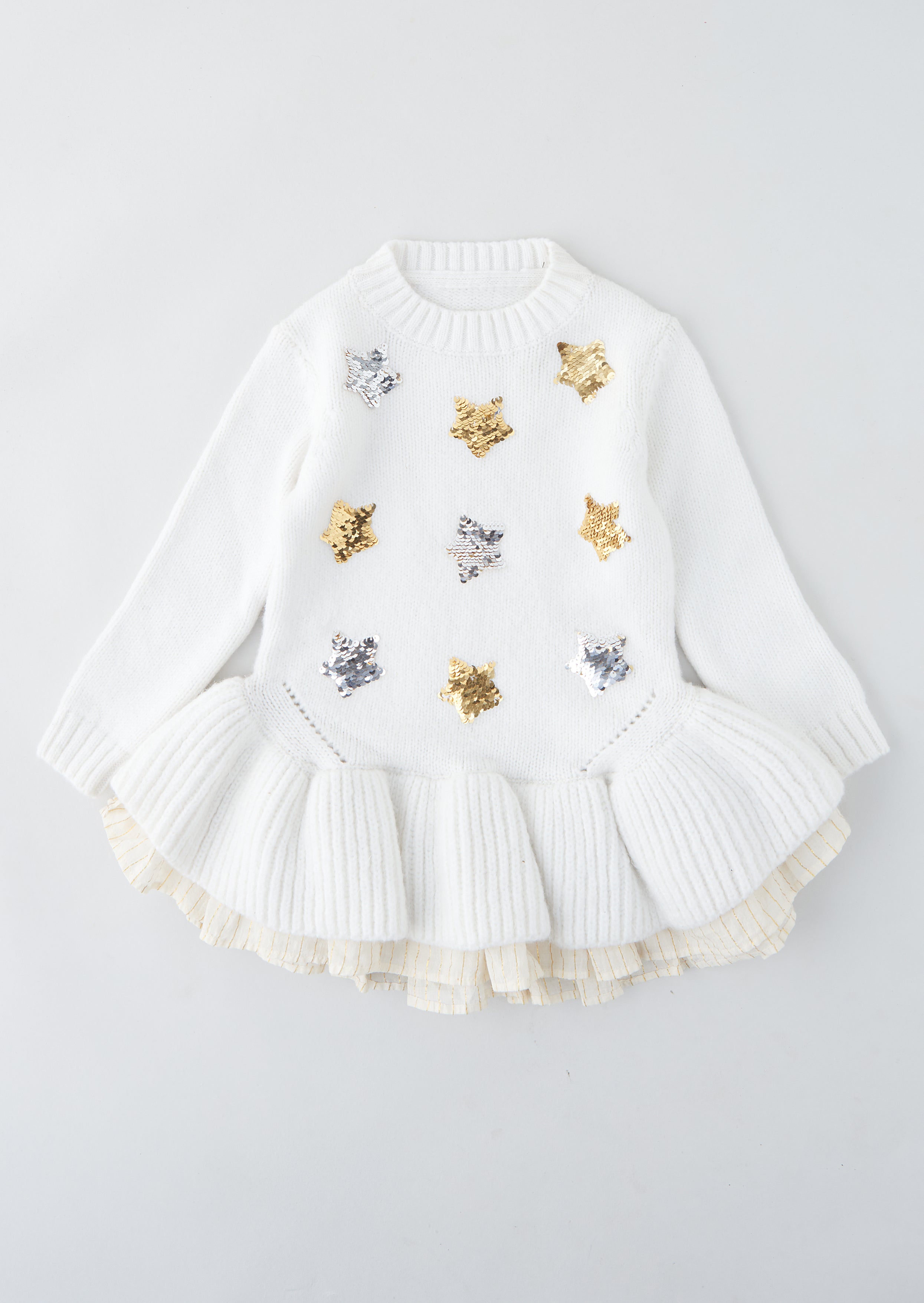 Girls Star Sequin Embellished Cream Sweater