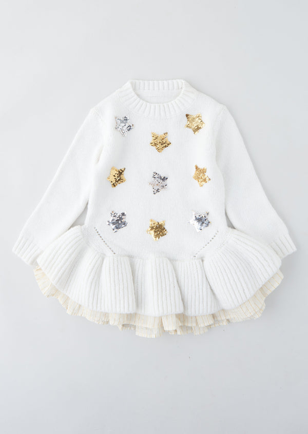 Girls Star Sequins Embellished Cream Sweater