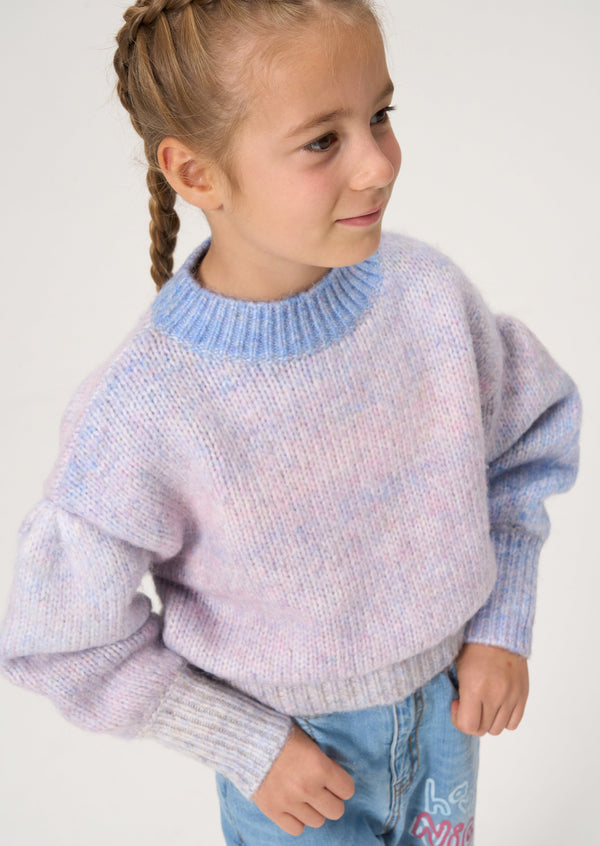 Girls Solid Blue Striped Sweater
