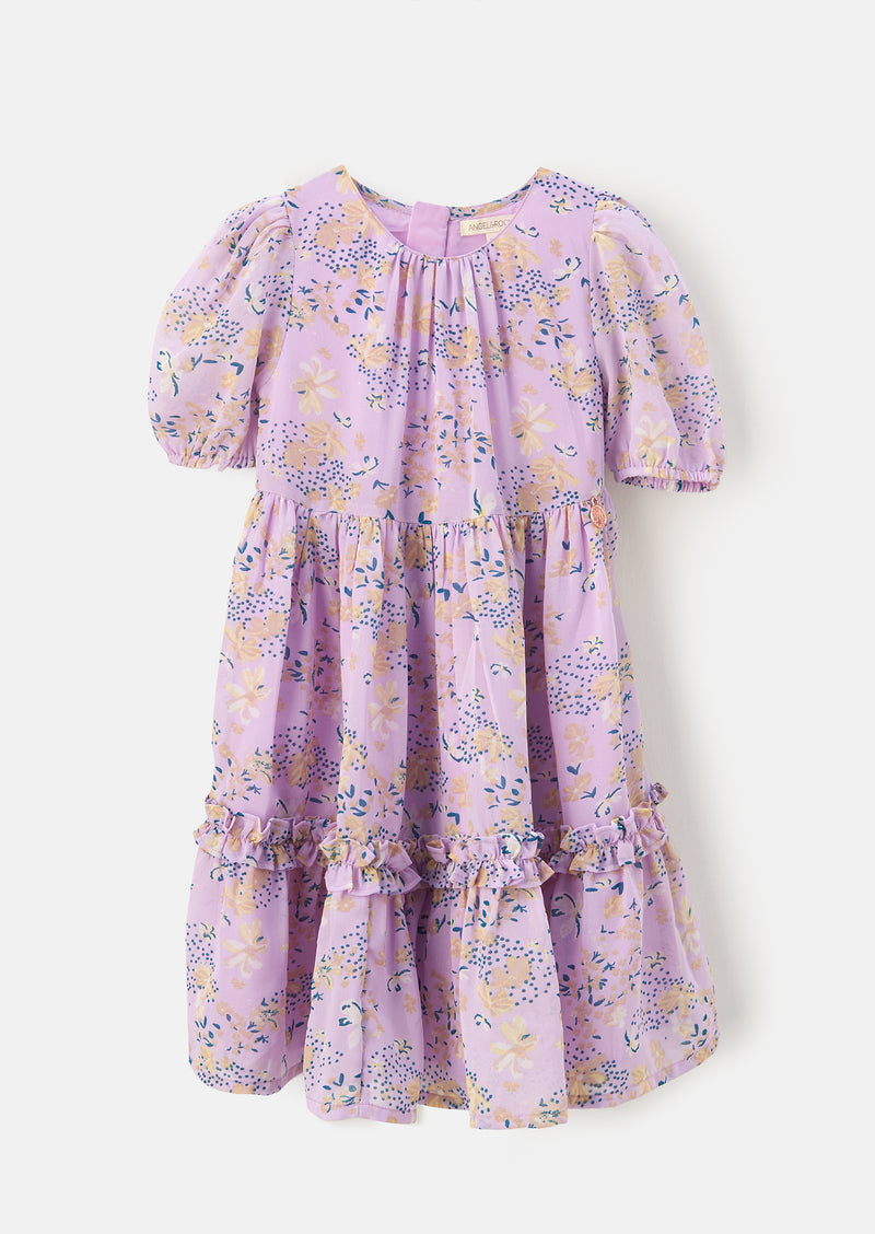 Girls Floral Printed Violet Dress with Puff Sleeves