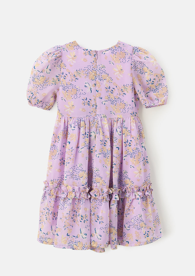 Girls Floral Printed Violet Dress with Puff Sleeves