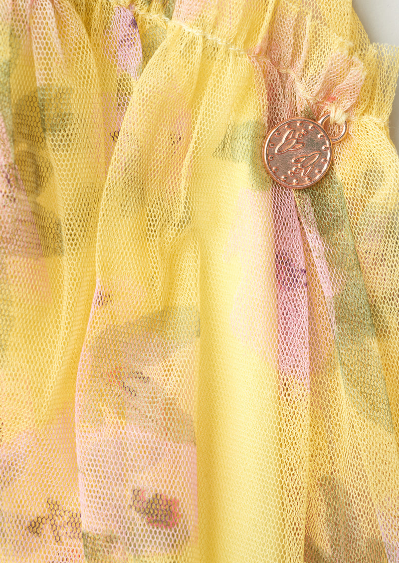 Girls Floral Printed Yellow Mesh Dress