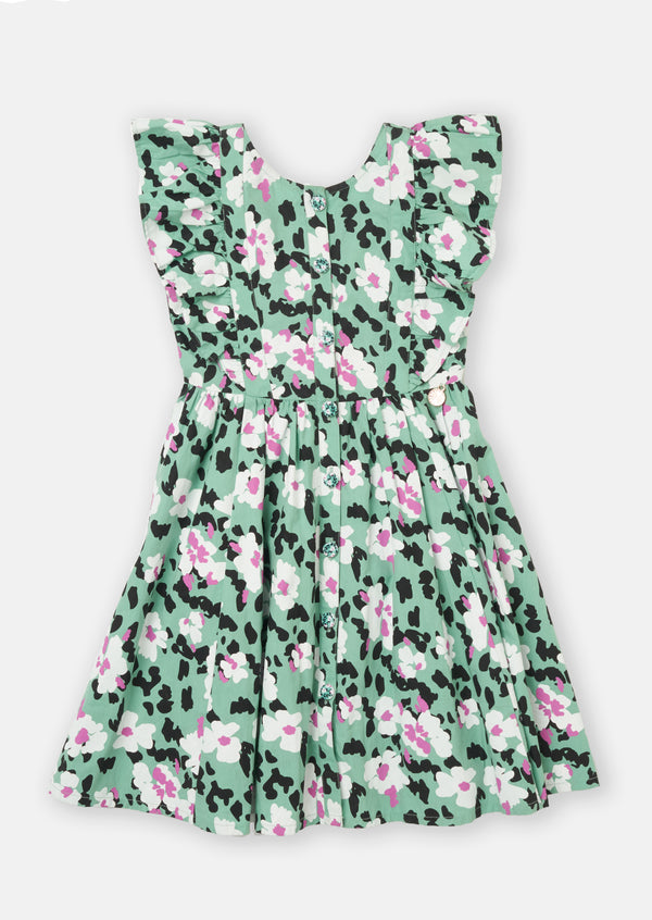 Girls Floral Printed Green Dress with Cross Back Design