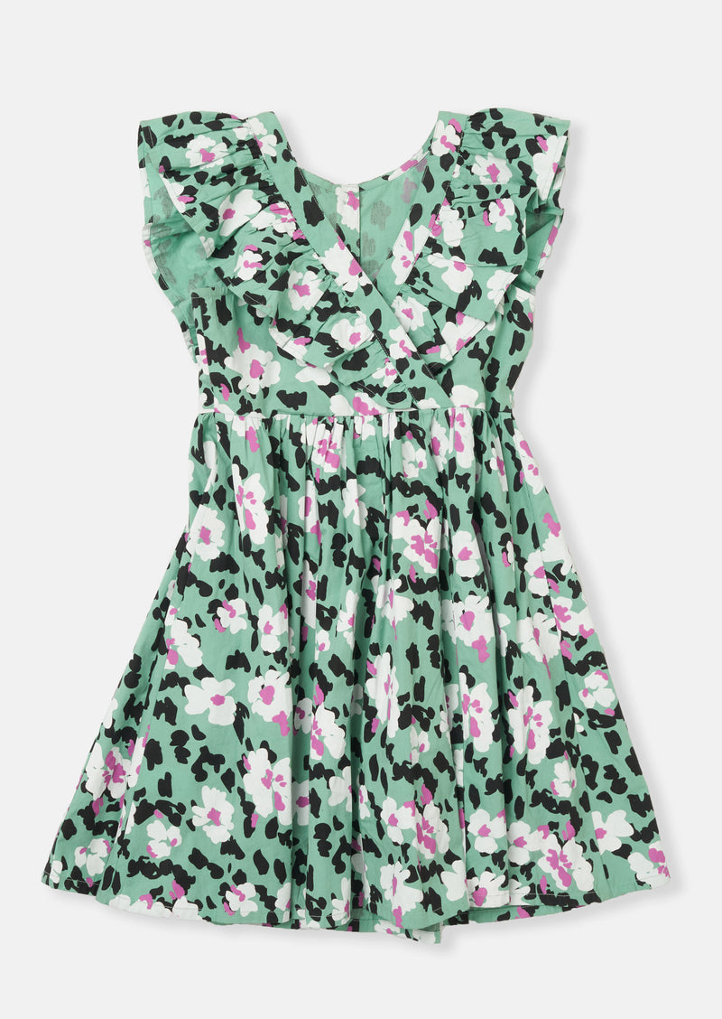 Girls Floral Printed Green Dress with Cross Back Design