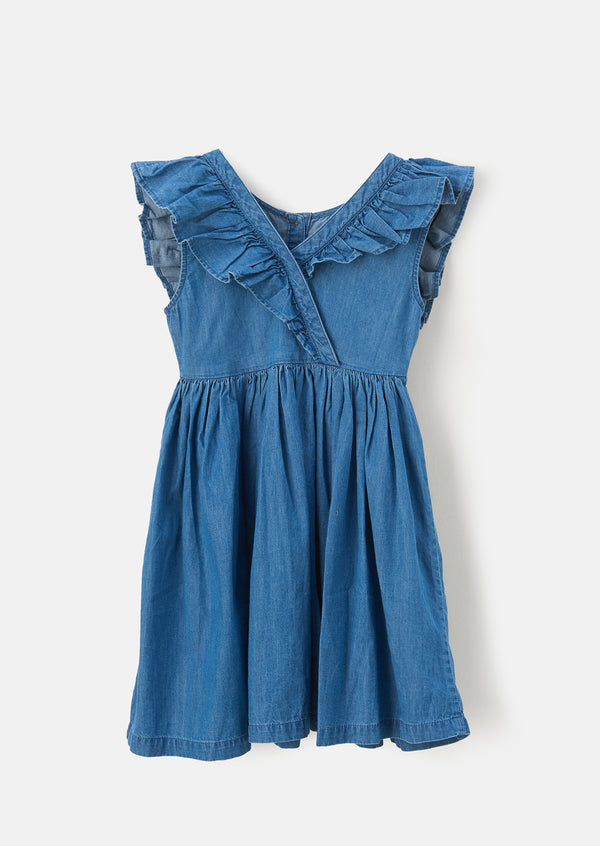 Girls Cotton Blue Dress with Cross Back Design