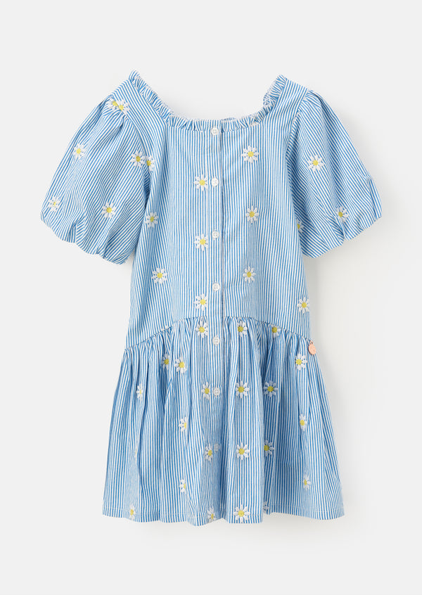 Girls Floral Embroidered Blue Dress with Puff Sleeves